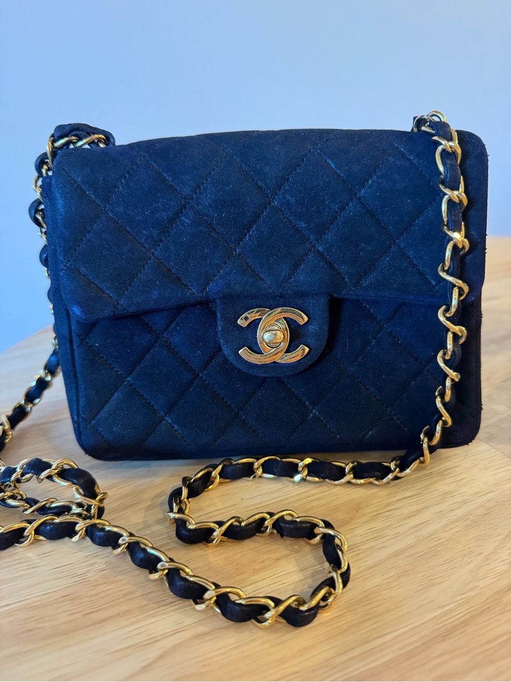CHANEL Black Quilted Suede Crossbody with Gold Chain - Picture 2 of 16
